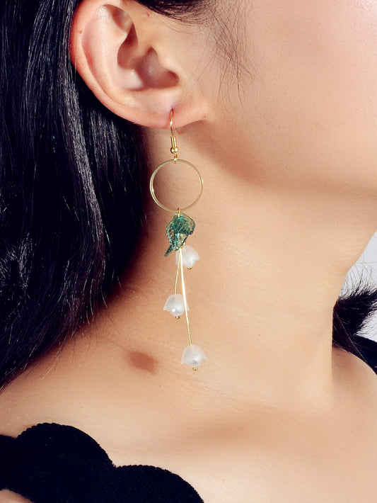 Charming Pearl Green Hotpink Resin Leaf Charm Gold Circle Dangle Women Earrings-0