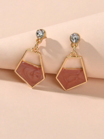 Rhinestone Decor Red Khaki Enamel Geometric Dangle Earrings Female Party Jewelry-0