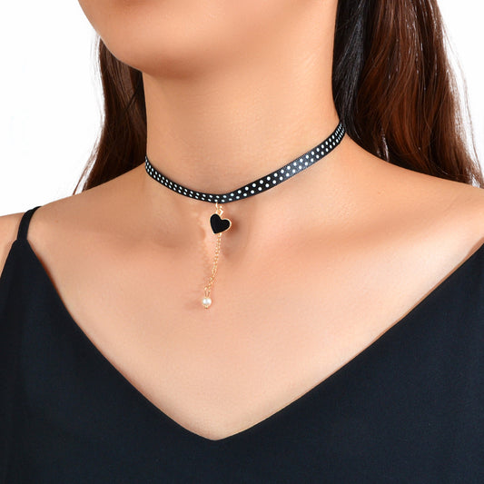 Retro 90s Dots Black Ribbon Collar Tattoo Choker Heart Charm Gold Chain Necklace-0