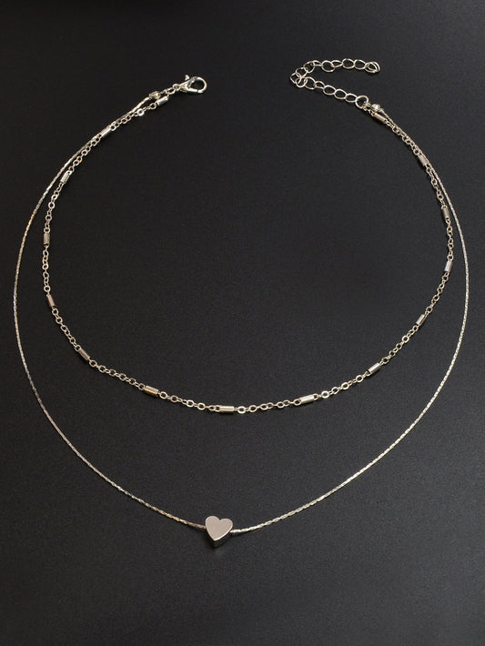 Minimalist Chic Double layer Silver Chain Heart Pendant Clavicle Party Necklace-1