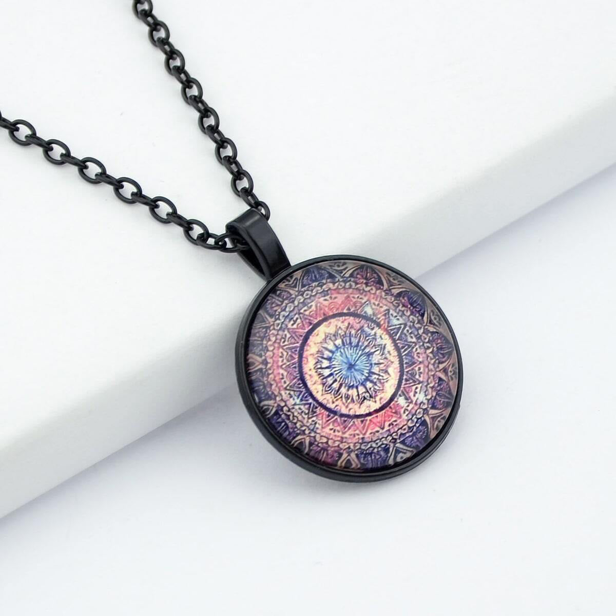 Gothic Black Chain Geometric Pattern Acrylic Round Ball Pendant Ethnic Necklace-5