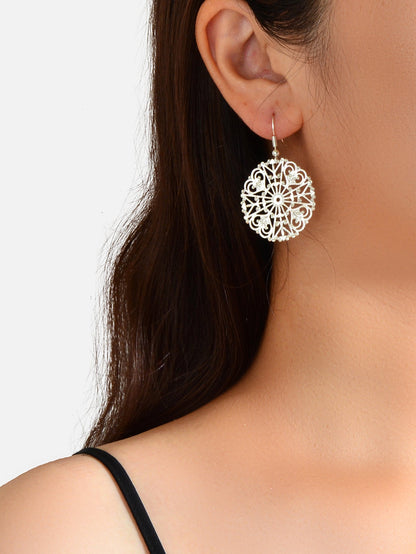 Ladies Jewellery Hollow Gold Silver Flower Pattern Round Trendy Dangle Earrings-1