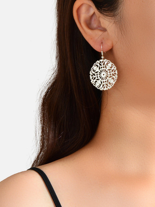 Ladies Jewellery Hollow Gold Silver Flower Pattern Round Trendy Dangle Earrings-1