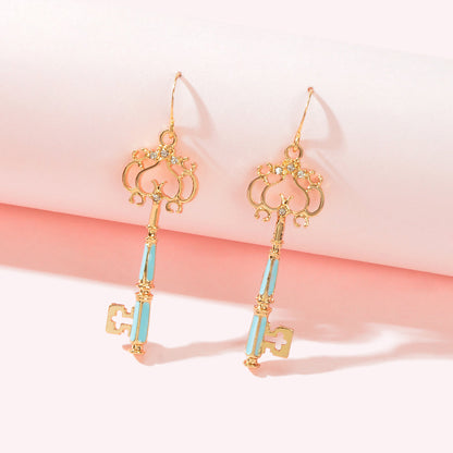 Personality Gold Colour Blue Enamel Dangling Drop Magic Key Earrings Party Gift-0