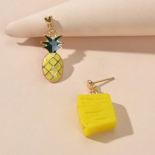 Creative Enamel Yellow Resin Pineapple Asymmetric Fruit Pierced Earrings Gift-0