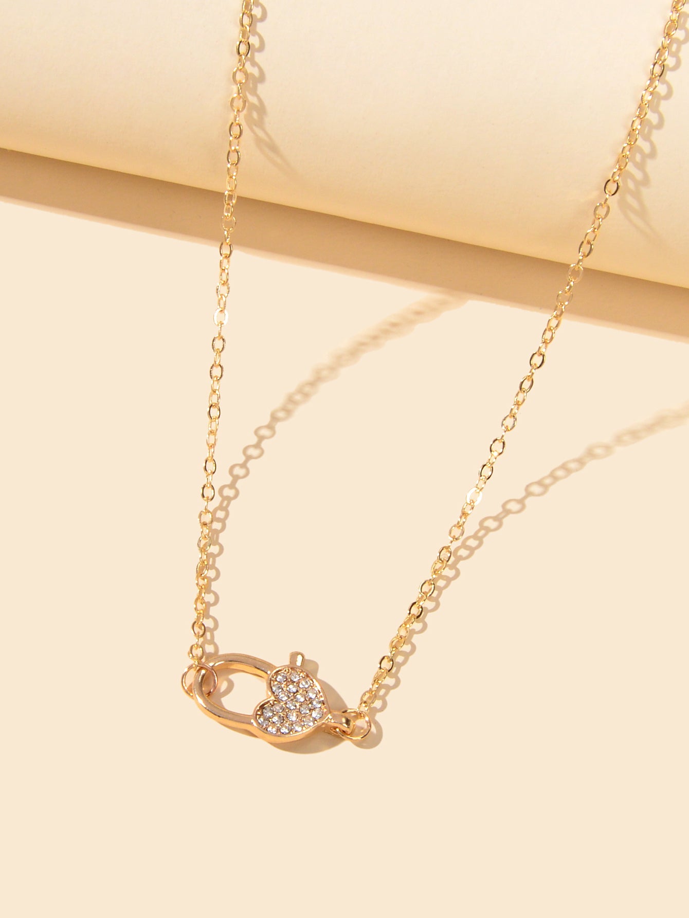Engagement Jewellery Gift Gold Chain Rhinestone Decor Heart Lock Charm Necklace-2