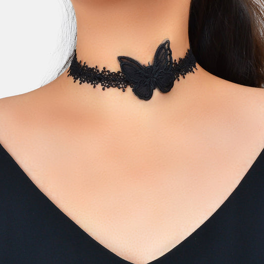 Retro Gothic Punk Black Lace Butterfly Tattoo Choker Costume Necklace Collar-0