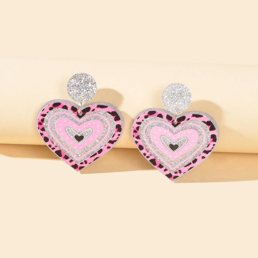 Acrylic Pink Leopard Heart Hanging Resin Chunky Earrings for Party or Vacation-0
