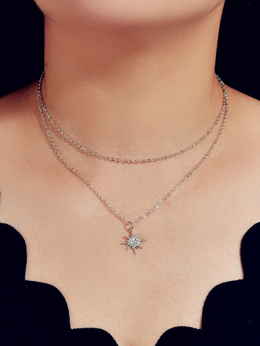 Trendy Jewellery Double layer Silver Chain Rhinestone Decor Star Charm Necklace-0