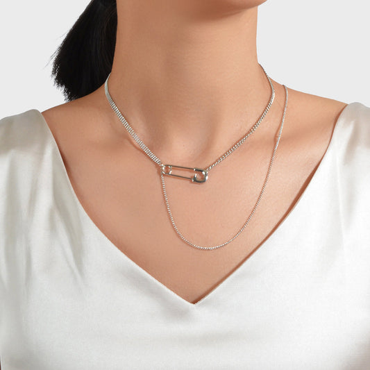 Designer Stylish Accessory Multiple Multi-layer Silver Chain Pin Charm Necklace-0