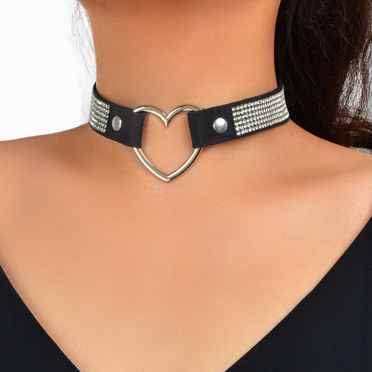 Heart Adjustable Choker Rhinestone Decoration Punk Necklace Goth Cosplay Jewelry-0