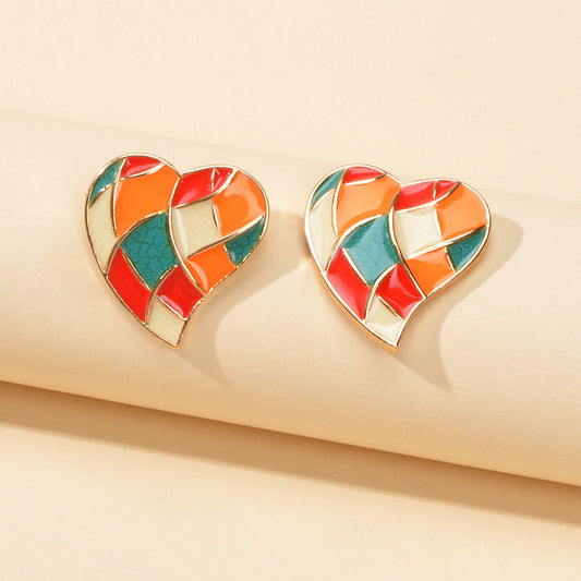 Candy Color Enamel Checkerboard Love Heart Stud Earrings Retro Trendy Accessory-0