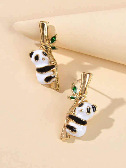 Lovely Gold Bamboo White Black Enamel Panda Stud Earrings Dainty Women Girl Gift-0