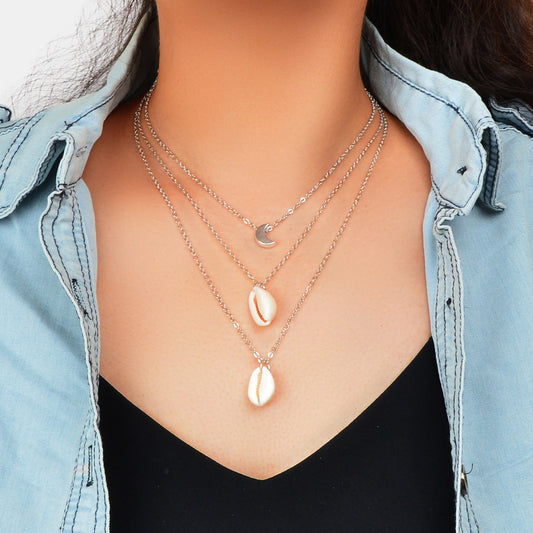Boho Chic Choker Silver Multilayer Chain Moon Shell Pendant Necklace for Holiday-0