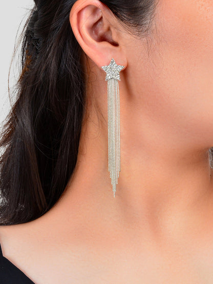 Elegant Luxury Rhinestone Decor Star Long Silver Chain Tassels Dangling Earrings-0