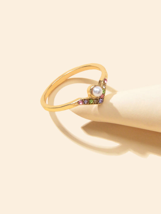 Luxury Wedding Jewellery Multi-colored Rhinestone Pearl V Shape Gold Finger Ring-0
