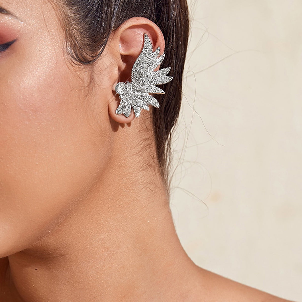 Rhinestone Decoration Silver Wing Stud Cartilage Wrap Clip Earrings Ear Cuff 1pc-0