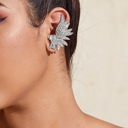 Rhinestone Decoration Silver Wing Stud Cartilage Wrap Clip Earrings Ear Cuff 1pc-0