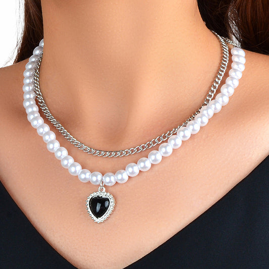Textured Double layer Silver Pearl Chain Black Heart Necklace Retro Jewellery-0