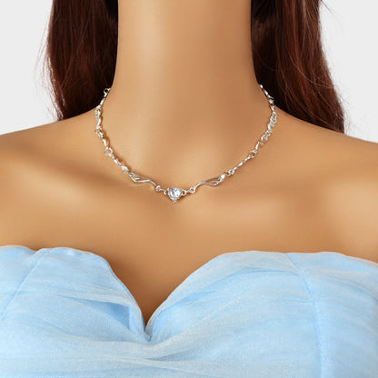 Heart Zircon Wing Design Silver Chain Clavicle Bridal Necklace for Wedding Prom-0