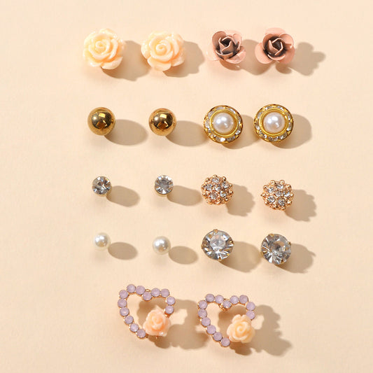 9 pairs Elegant Pearl Rhinestone Round Flower Mini Stud Piercing Earrings set-0