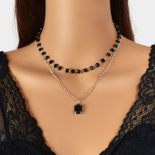 Silver Link Chain Black Beads Layering Personalized Square Charm Necklace Gift-0