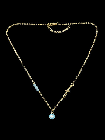 Boho Chic Chain Blue Beads Cross Round Eye Charm Necklace Girls Ethnic Jewellery-4