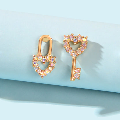 Asymmetrical Design Gold Plated Heart Key Lock Stud Earrings Women Dainty Gifts-0