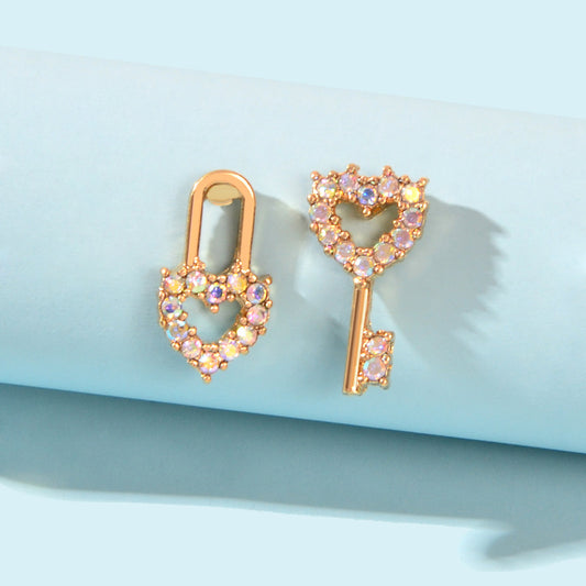 Asymmetrical Design Gold Plated Heart Key Lock Stud Earrings Women Dainty Gifts-0