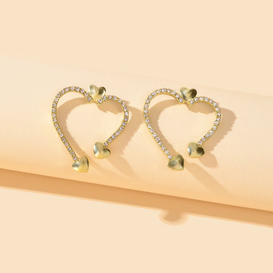 Valentine's Day Gift Rhinestone Decoration Gold Sweet Love Heart Stud Earrings-0