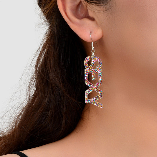 Creative Glitter Sequins Lightweight Acrylic SEXY Letter Dangle Party Earrings-0