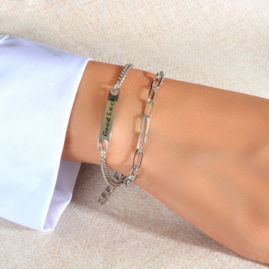 Punk Hip Hop Jewellery Double layer Silver Chain Good Luck Letter Charm Bracelet-0