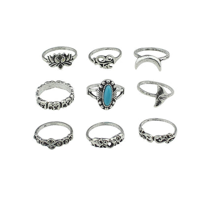 Stackable 9pcs Tribal Ethnic Lotus Elephant Moon Flower Multiple Bulk Rings set-3