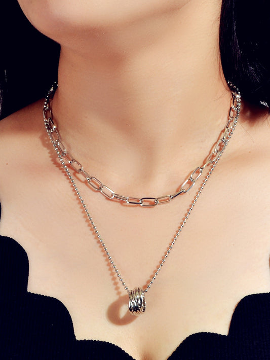 Double layer Silver Chain Circle Pendant Necklace Designer Jewellery Accessories-0