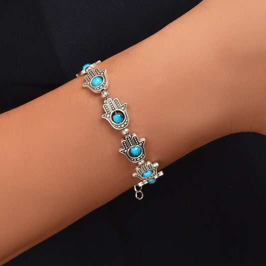 Ethnic Jewellery Vintage Handmade Blue Red Beaded Antique Silver Hand Bracelet-0