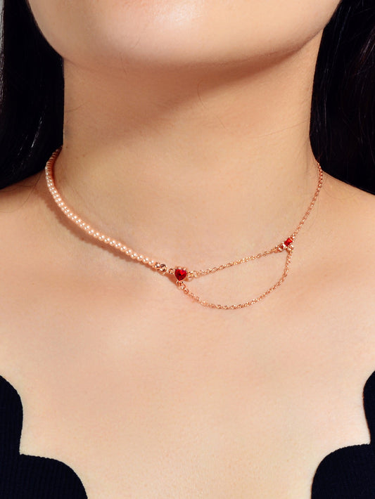 Perfect Engagement Gift Rosegold Chain Pearl Heart Sqaure Red Crystal Necklace-0