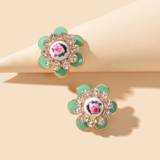 Bohemian Ethnic Rhinestone Decoration Green Enamel Flower Stud Festival Earrings-0