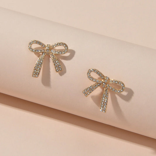 Party Jewelry Sparkly Rhinestone Gold Plated Bow-knot Stud Earrings Ladies Gifts-0