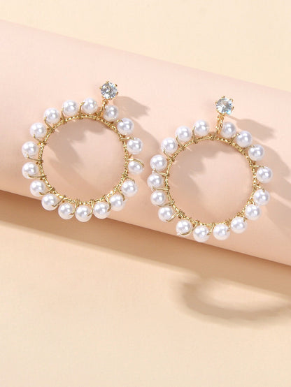 Retro Textured Jewelry Faux Pearl Decor Circle Dangle Earrings for Wedding Party-0