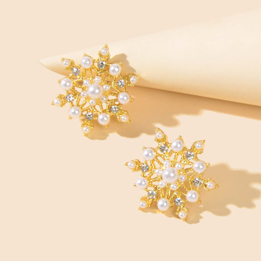 Pearl Rhinestone Gold Snowflake Stud Earrings Women Christmas Party Decoration-0