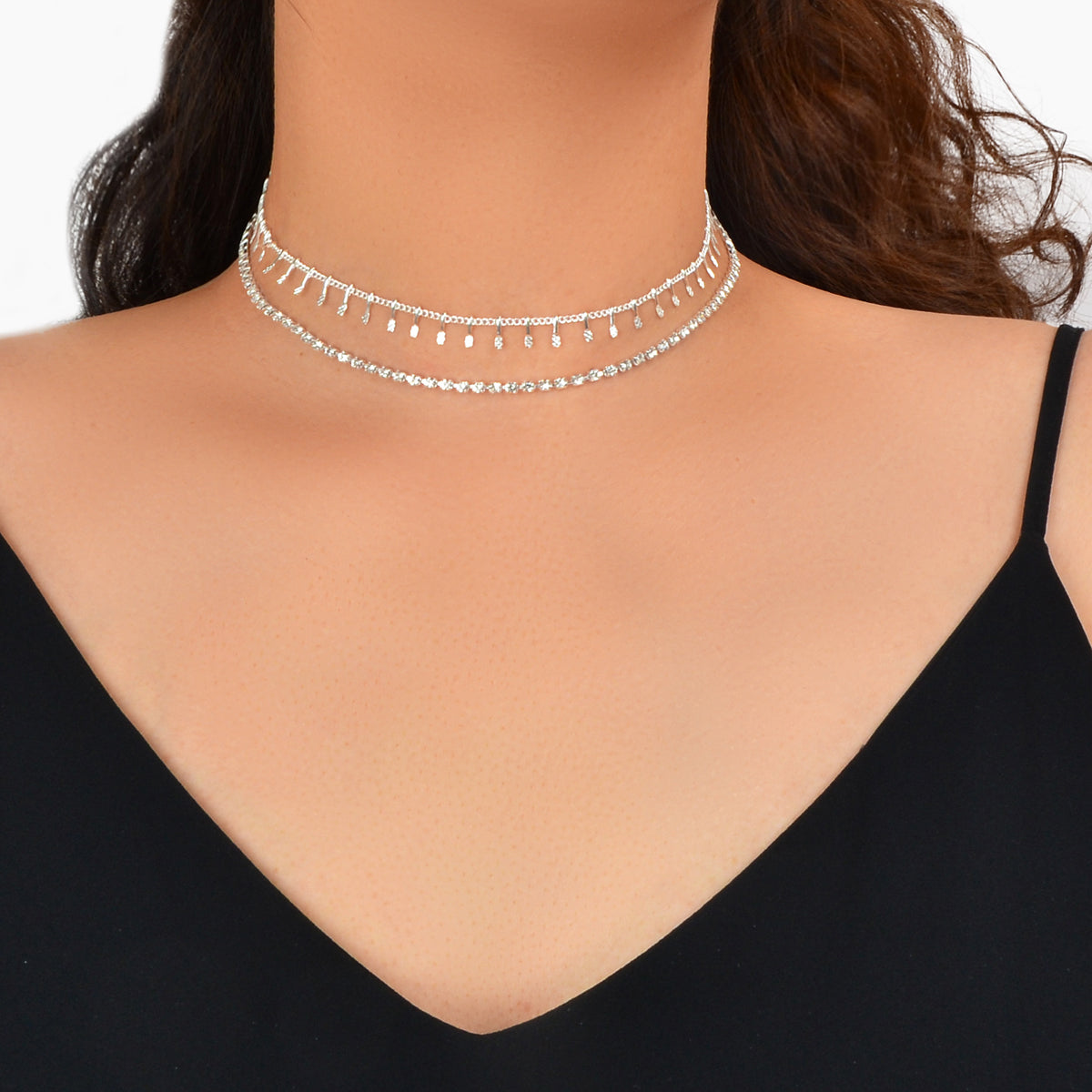 Gold Layered Initial Necklaces Women Rhinestone Decoration Double Chain Choker-0