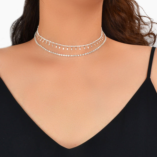 Gold Layered Initial Necklaces Women Rhinestone Decoration Double Chain Choker-0