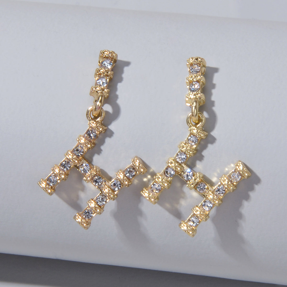 Textured Full Faux Cubic Zirconia Luxury Gold Letter Dangle Earrings for Women-0