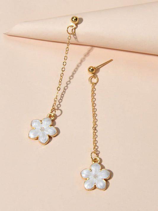 Charming White Black Enamel Long Chain Flower Pendant Dangle Pierced Earrings-0