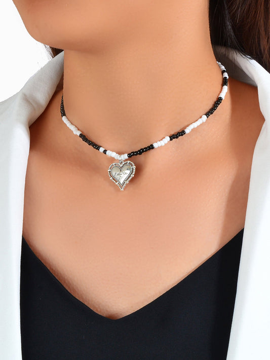 Handmade White Black Beads Chain Silver Letter Pattern Heart Charm Necklace Gift-0