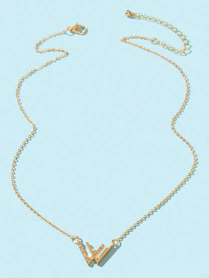 Minimalist Jewelry Rhinestone Decor Silver Chain V Shpe Geometric Charm Necklace-4