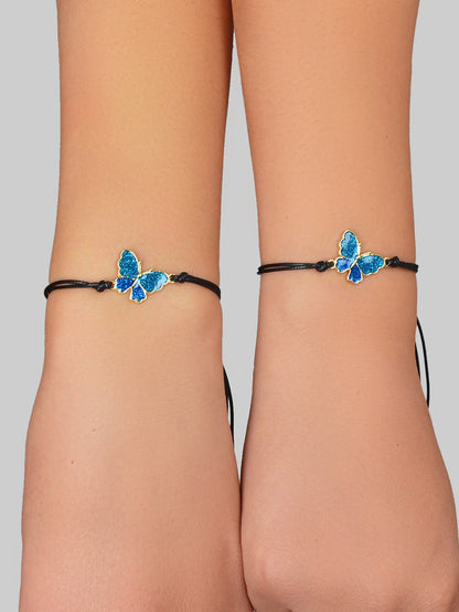 2 pcs Adjustable Black Rope Blue Butterfly Pendant Bracelet Mother's Day Gift-0