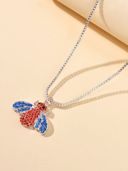Birthday Gifts Silver Chain Red Blue Rhinestone Bee Pendant Necklace Jewellery-0