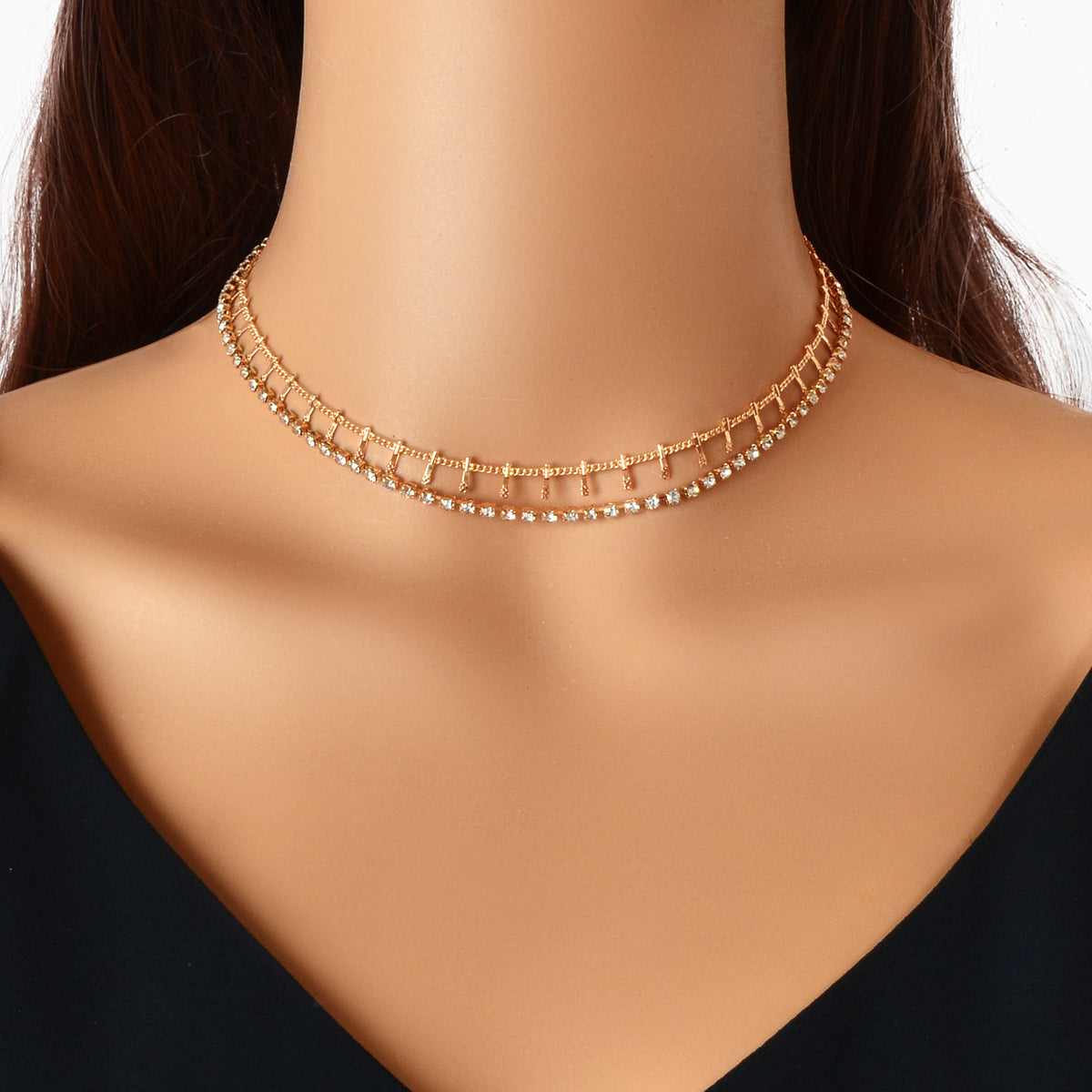 Gold Layered Initial Necklaces Women Rhinestone Decoration Double Chain Choker-4