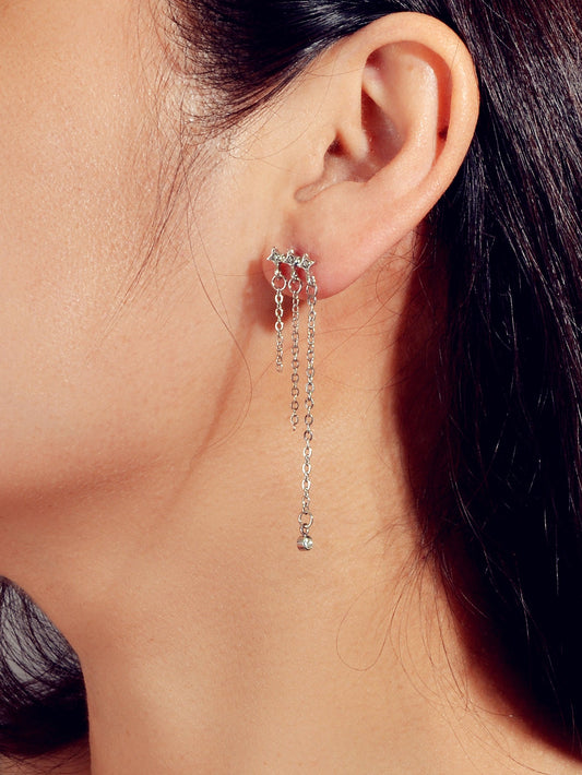 Designer Jewellery Rhinestone Star Silver Chain Tassel Asymmetric Stud Earrings-0